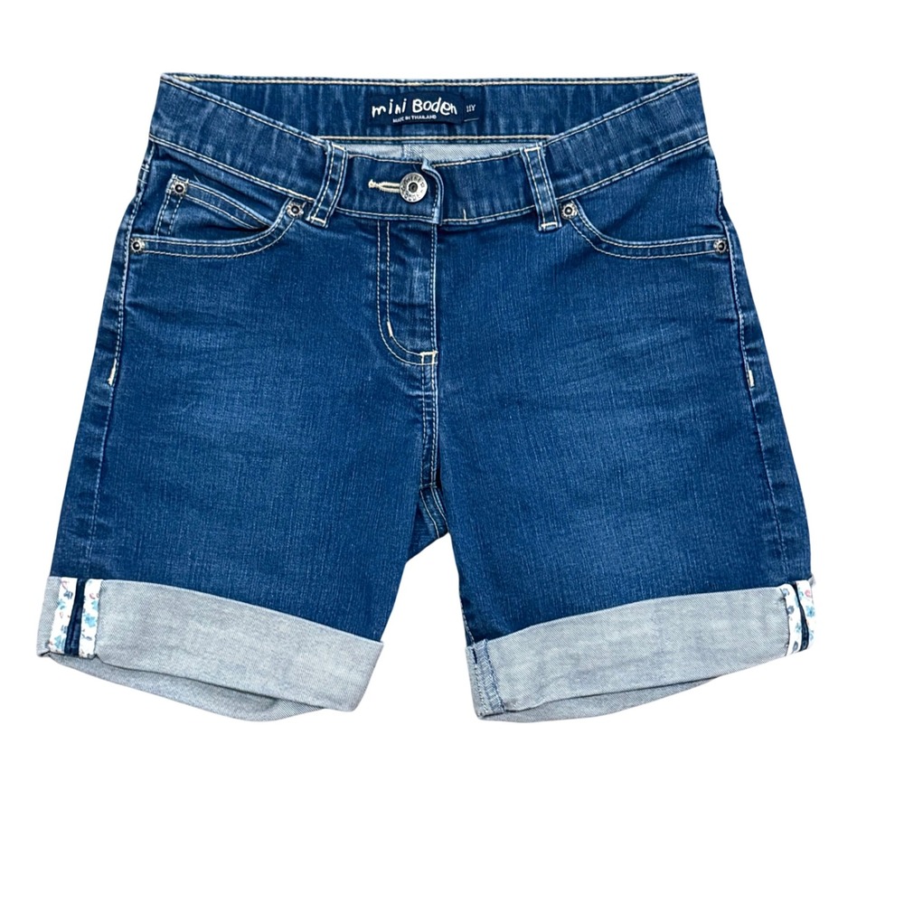 Mini Boden Kids Girls Blue Denim Cuffed Floral Trim Jean Shorts Size 11Y